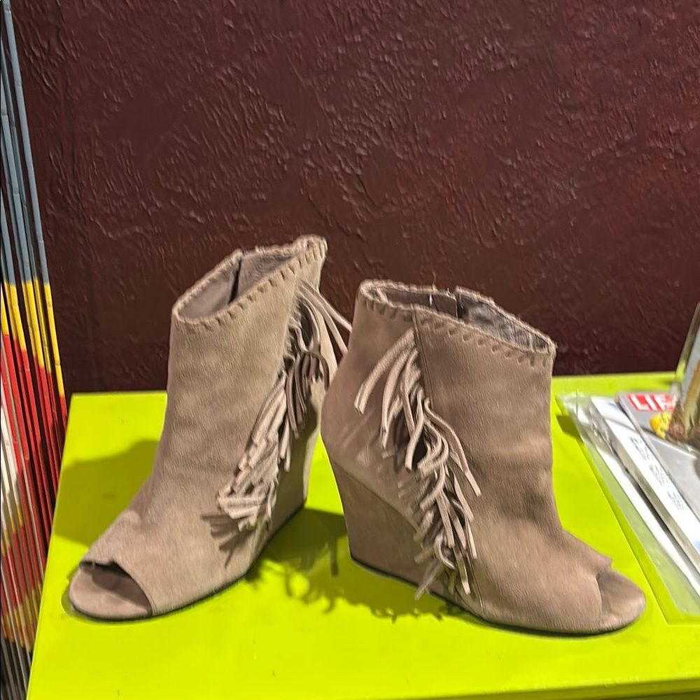 Vince Camuto Fringe Peep-Toe Wedge Booties - Taupe